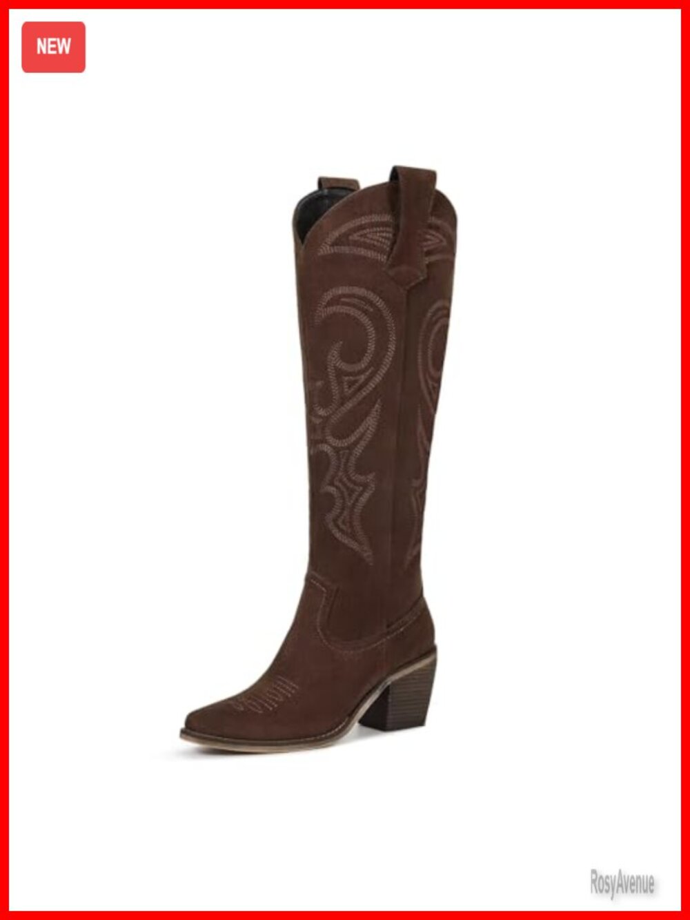 Faux Suede Knee High Western Cowboy Boots Block Heel Side Zip